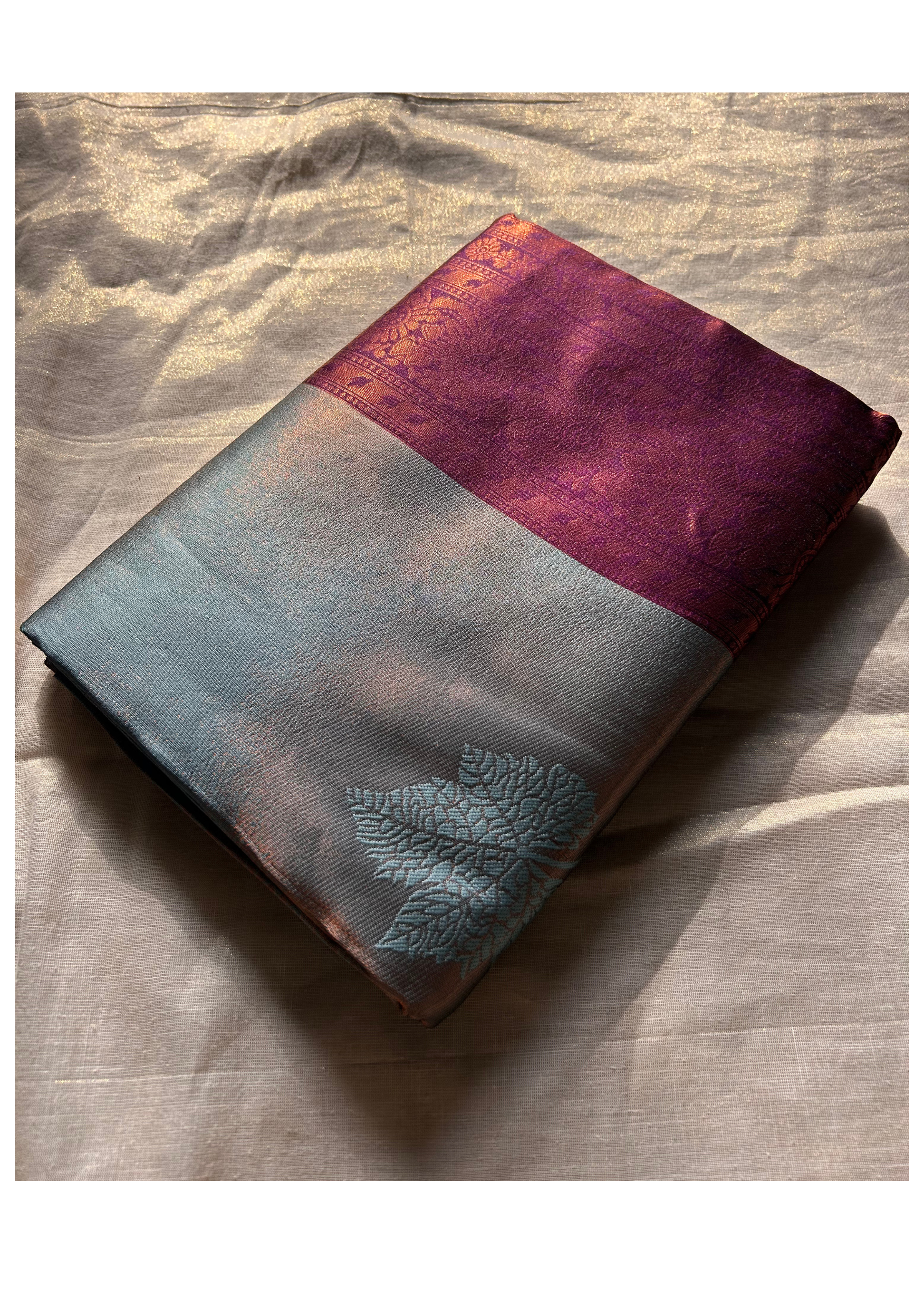 Kanjivaram Design Soft Silk Saree with Contrast Border – Greyish Blue