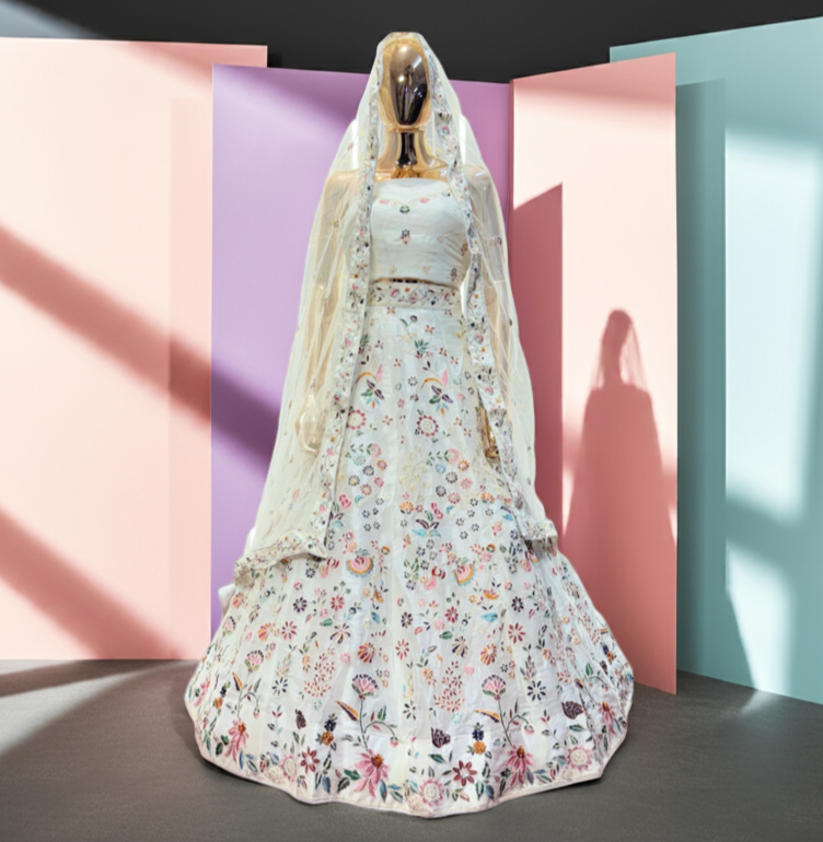 Siders Ivory Floral Embroidered Lehenga - VRSL008