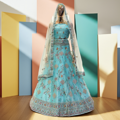 Cadet Blue Color Sider's Lehenga - VRSL011